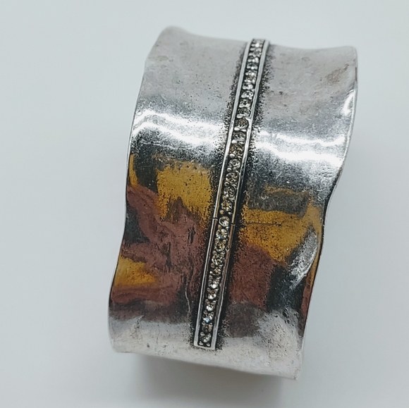 Silver Tone Wide Distressed Modernist Crystal Cuff Bracelet - Picture 11 of 12